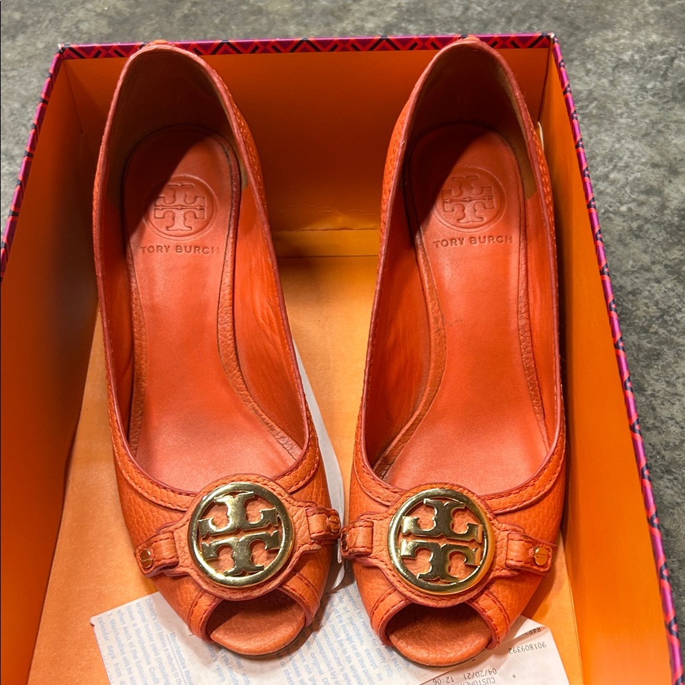 Tory Burch Women's Orange Peep-Toe Flats with Logo Medallion